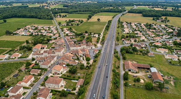 Vue aérienne ou perspective de Beychac-et-Caillau montrant le bourg avec la RN89 traversant la commune, illustrant le siège et point de départ de l'entreprise de couverture RENOV' COUVERTURE en Gironde. L'image doit montrer le tissu urbain caractéristique de ce petit bourg rural girondin, avec ses bâtiments résidentiels et structures architecturales typiques de la région Nouvelle-Aquitaine.